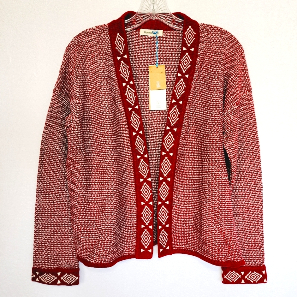 WoolOvers Sz M Open Front Edge to Edge Embroidered Placket Cotton Cardigan.